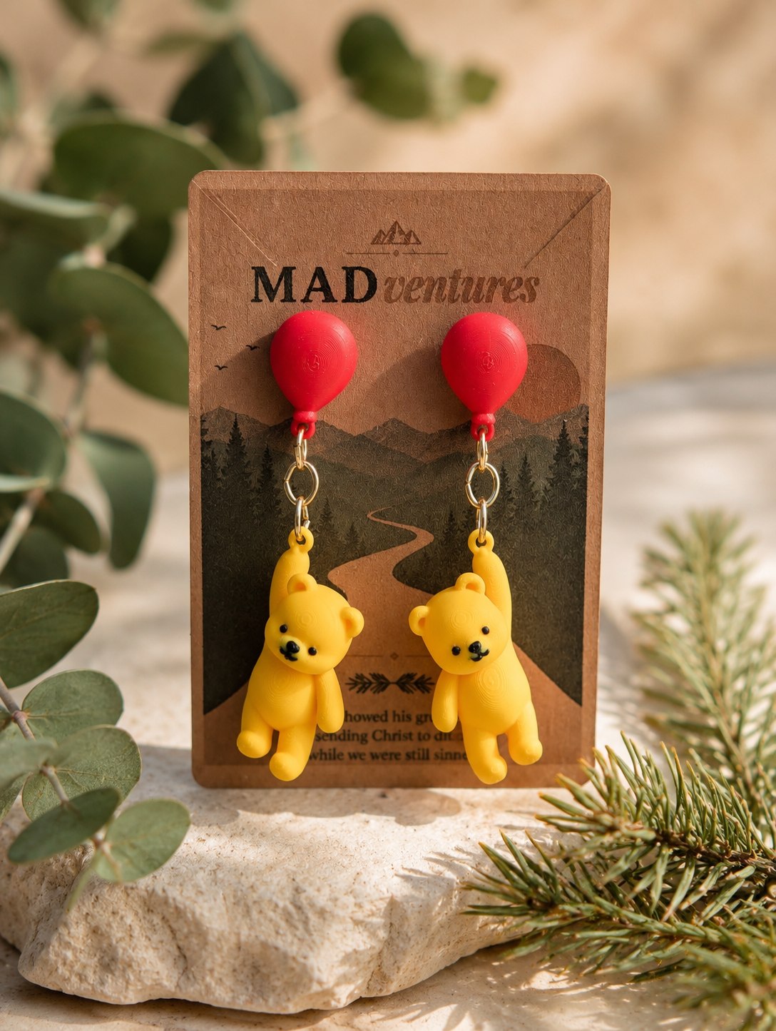 3D Printed Red Balloon Bear Dangle Earrings