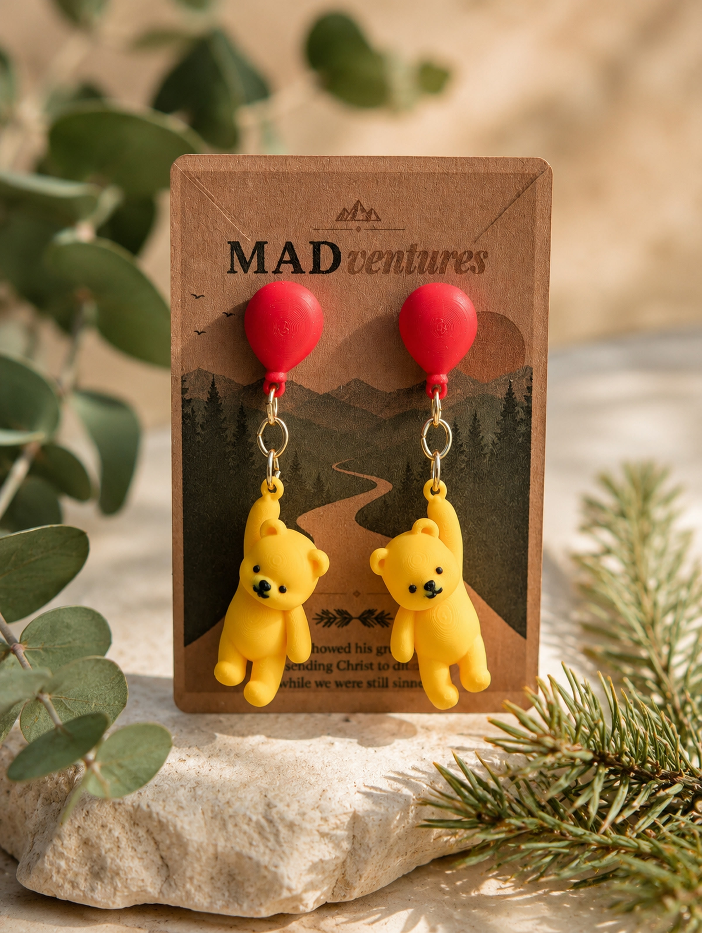 3D Printed Red Balloon Bear Dangle Earrings